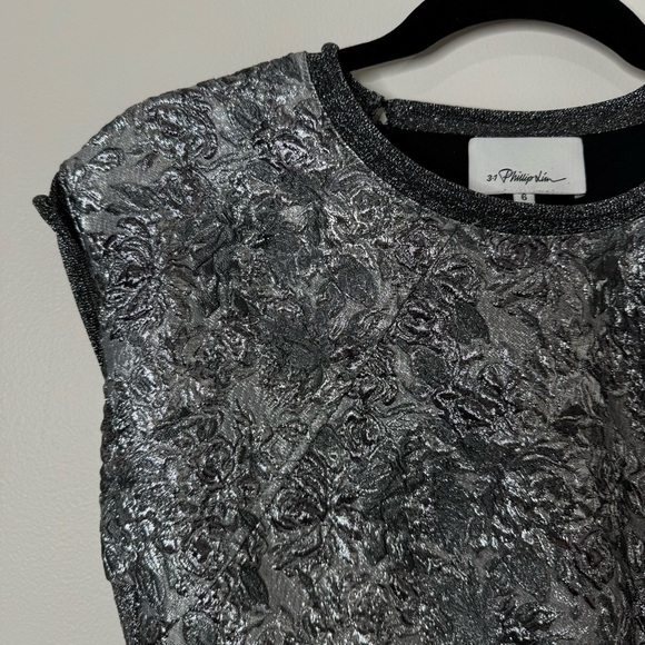 3.1 Philip Lim Metallic Silver Black Brocade Ribbed Knit Cap Sleeve Blouse Top - Picture 5 of 13